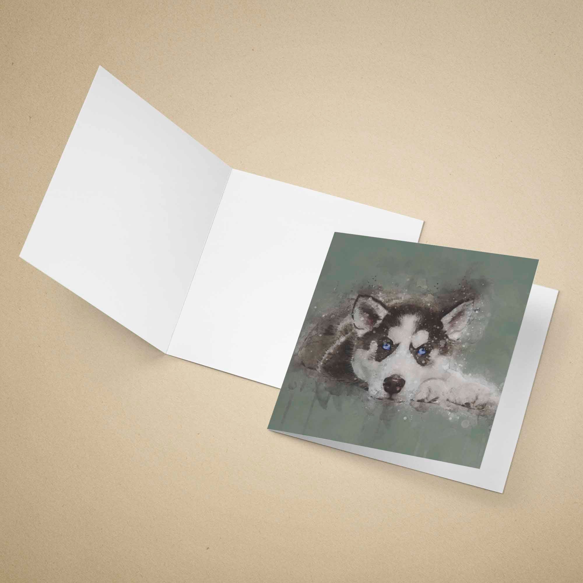 Greeting card with a husky dog illustration on a beige background