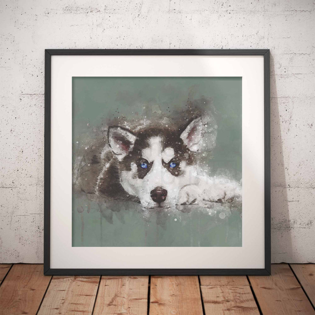 Framed artwork of a husky dog with blue eyes on a textured wall.