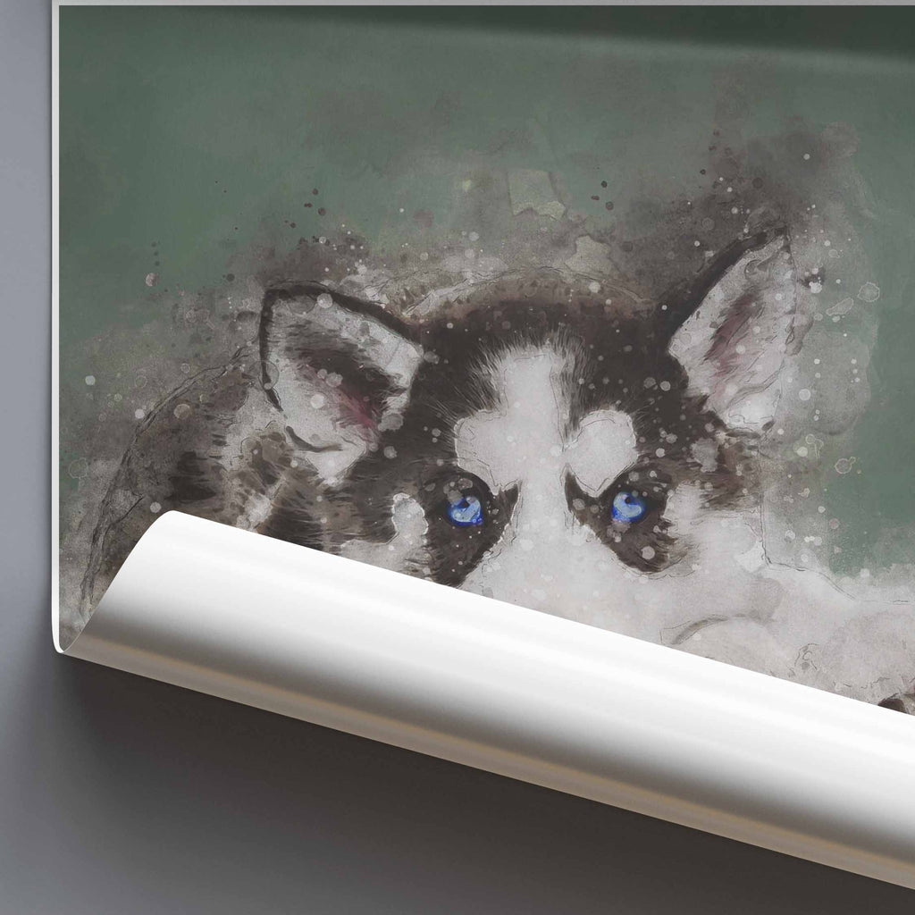 Rolled up poster of a Husky dog on a grey backgorund.