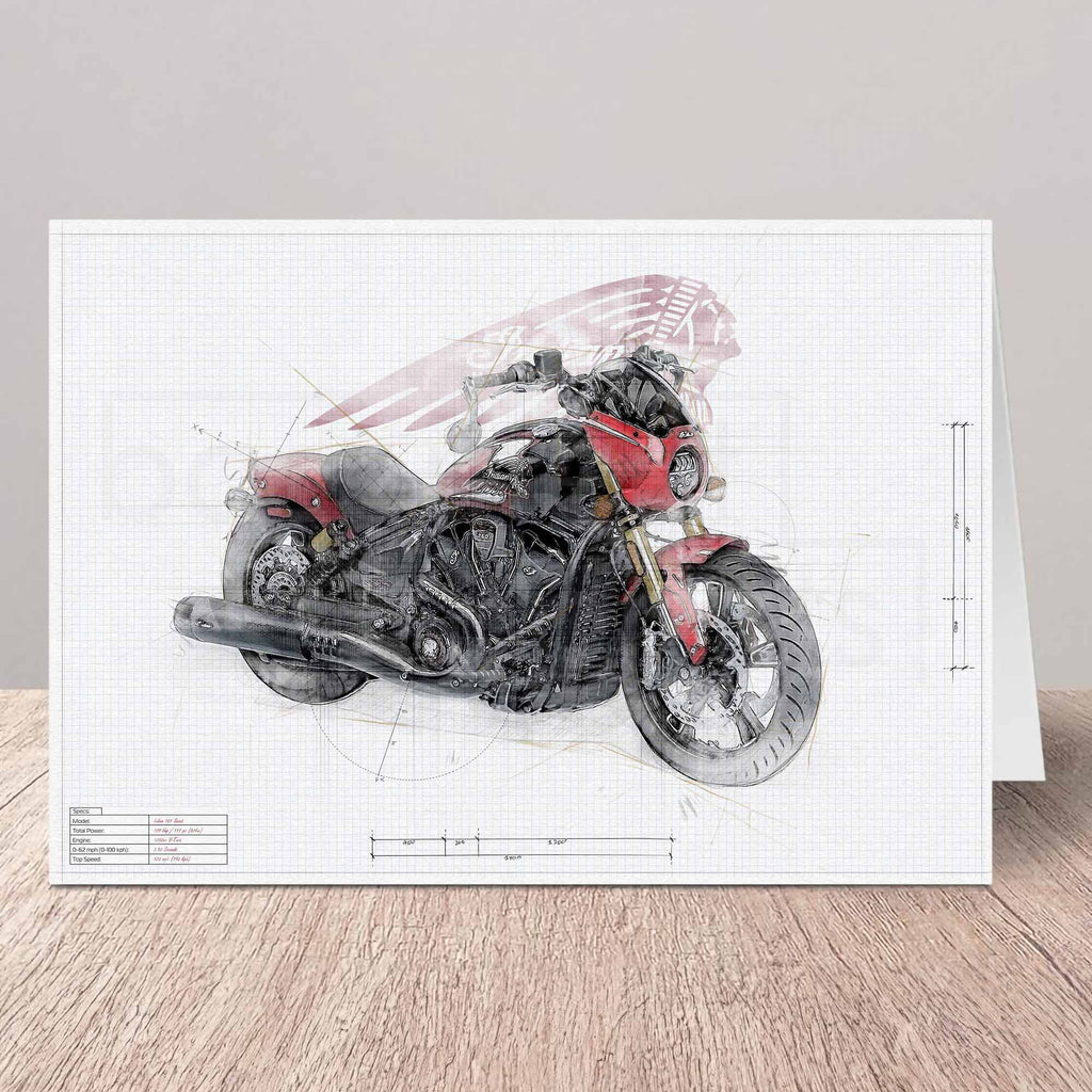 Greeting card featuring a sketch-style motorcycle illustration on a white grid background, displayed standing on a wooden surface against a light gray wall.