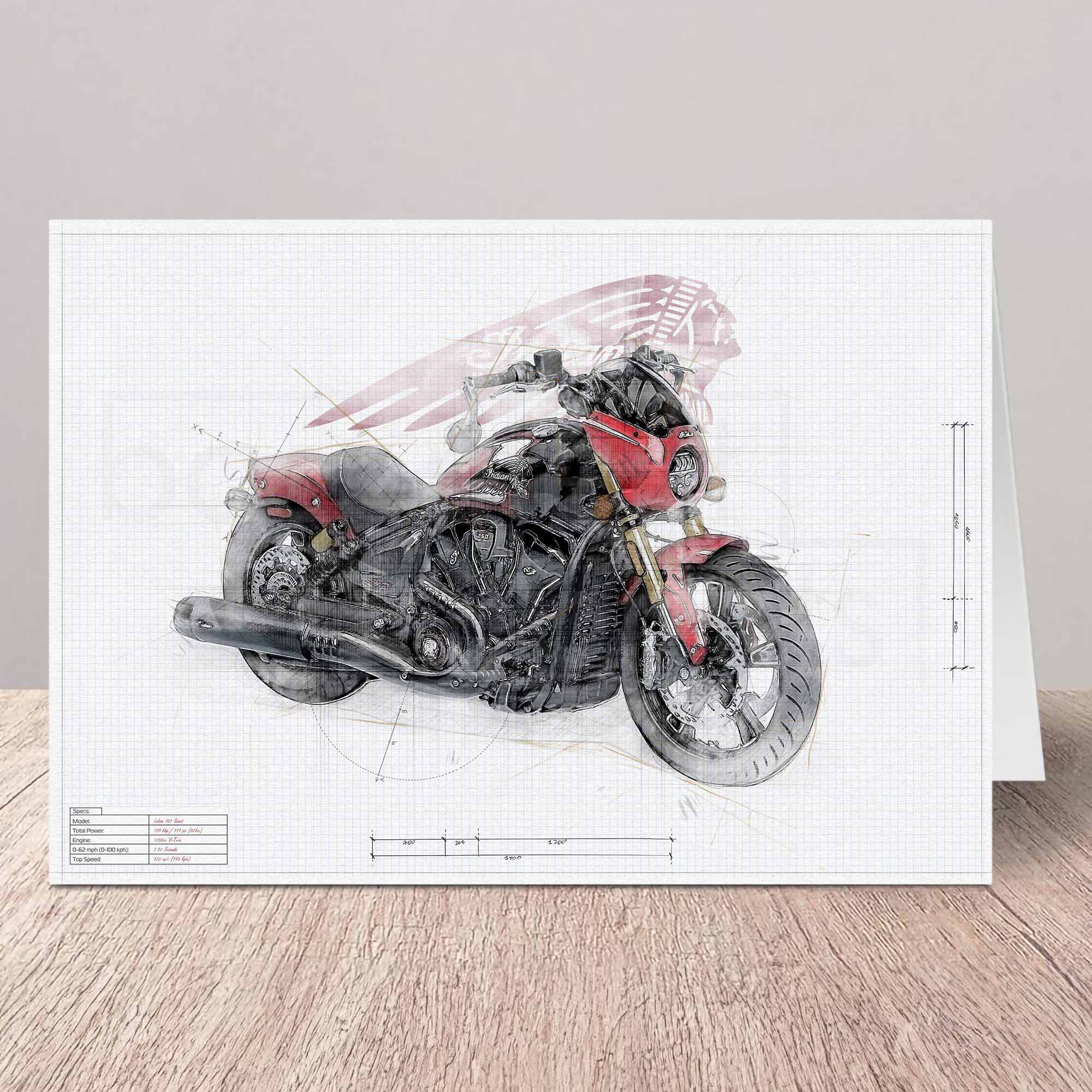 Greeting card featuring a sketch-style motorcycle illustration on a white grid background, displayed standing on a wooden surface against a light gray wall.