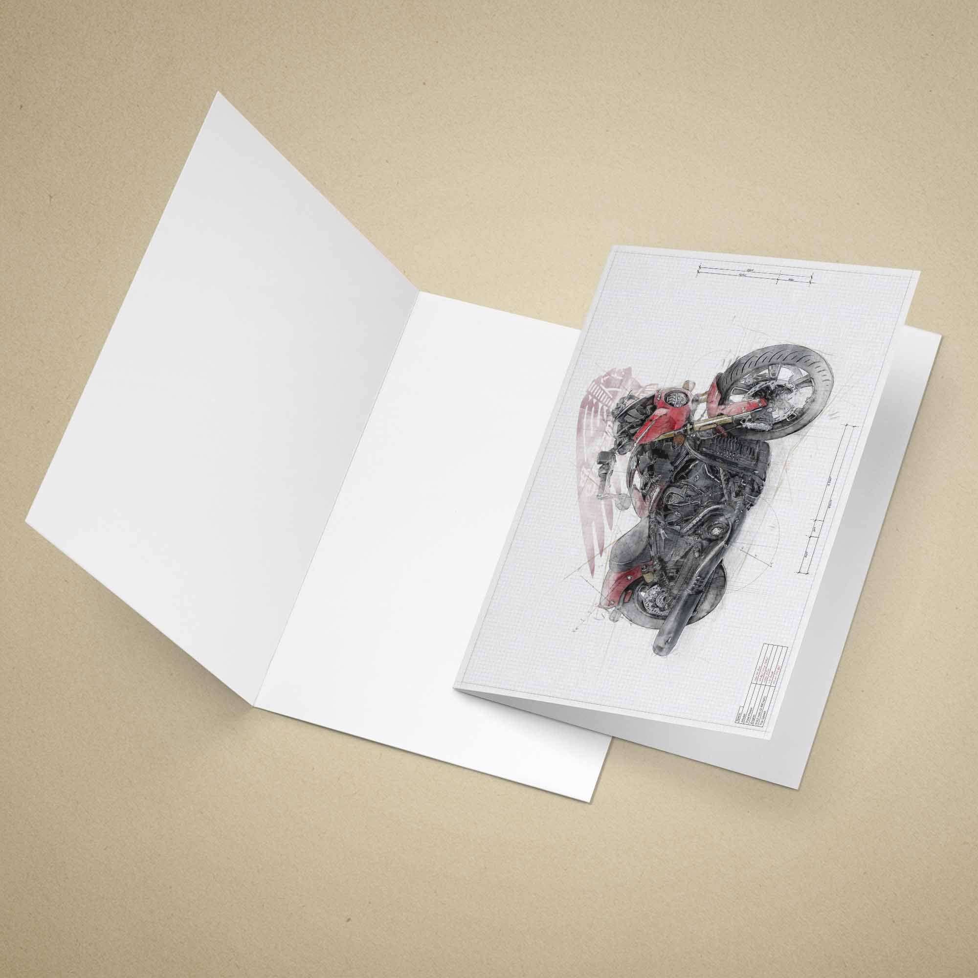 An open white greeting card on a beige background, showing a printed Indian 101 Scout motorcycle illustration in black, gray, and red.