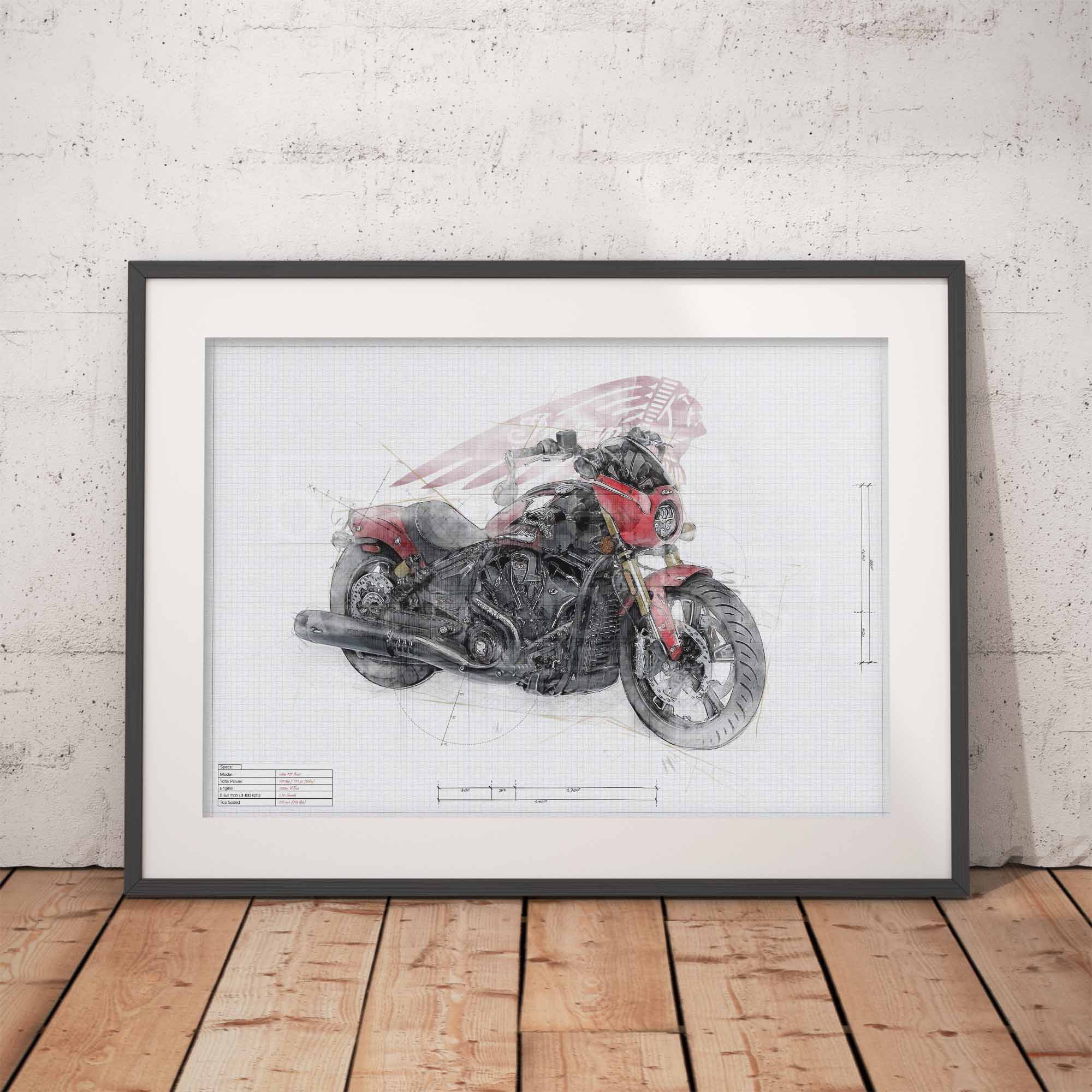 A framed art print featuring a sketch-style Indian 101 Scout motorcycle illustration, leaning against a light gray concrete wall on a wooden floor.