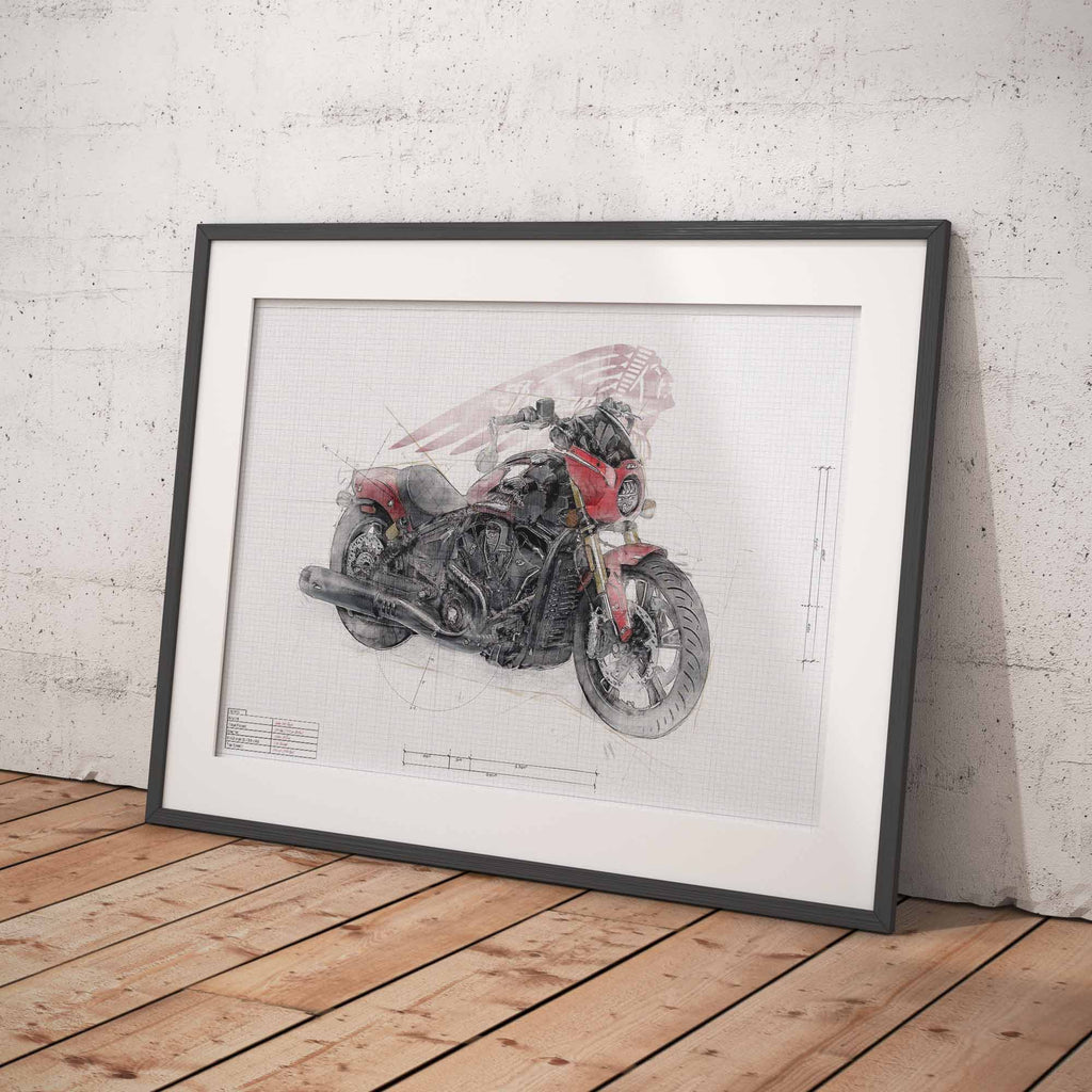 A framed art print featuring a detailed sketch of a red and black  Indian 101 Scout motorcycle on a white grid background, leaning against a light gray concrete wall on a wooden floor.