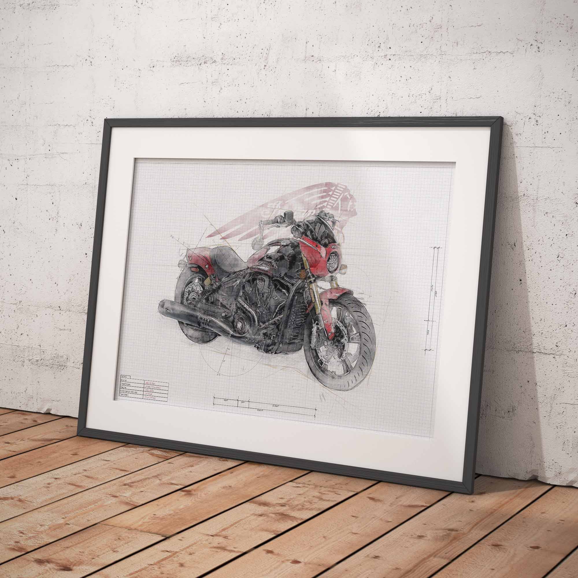 A framed art print featuring a detailed sketch of a red and black  Indian 101 Scout motorcycle on a white grid background, leaning against a light gray concrete wall on a wooden floor.