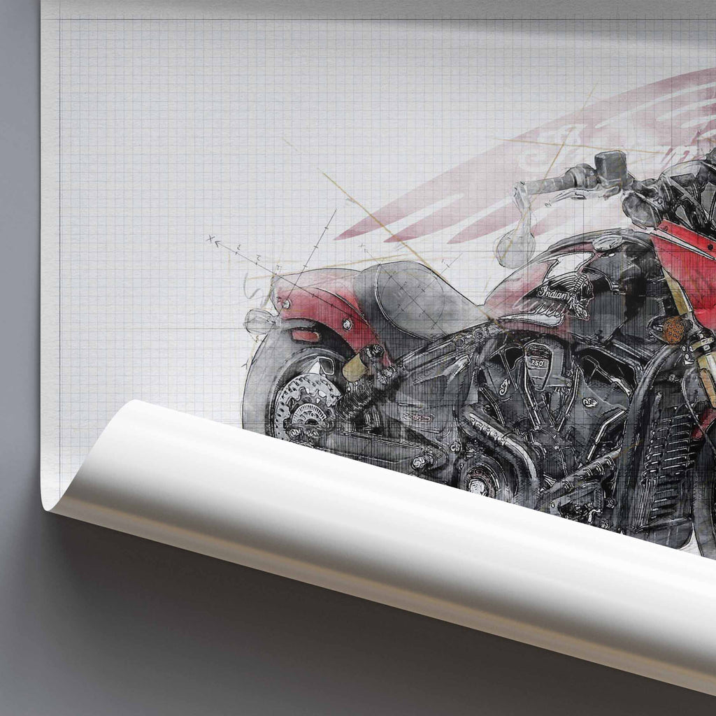 A rolled sheet of wall art or poster paper is shown against a gray background, revealing a printed  Indian 101 Scout motorcycle illustration with a gridded sketch-style design and red accents.