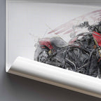 A rolled sheet of wall art or poster paper is shown against a gray background, revealing a printed  Indian 101 Scout motorcycle illustration with a gridded sketch-style design and red accents.
