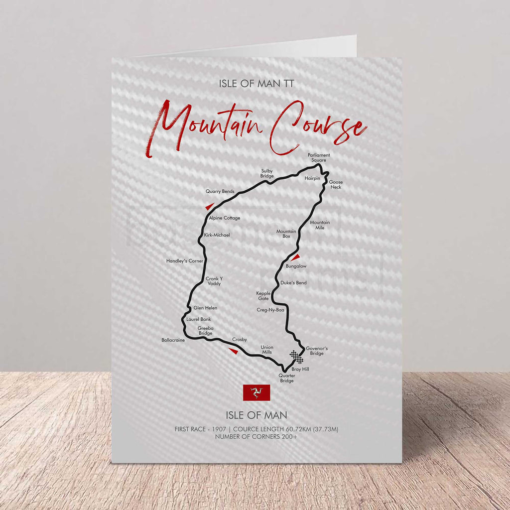 Greeting card of Isle of Man TT Mountain Course on a textured paper background