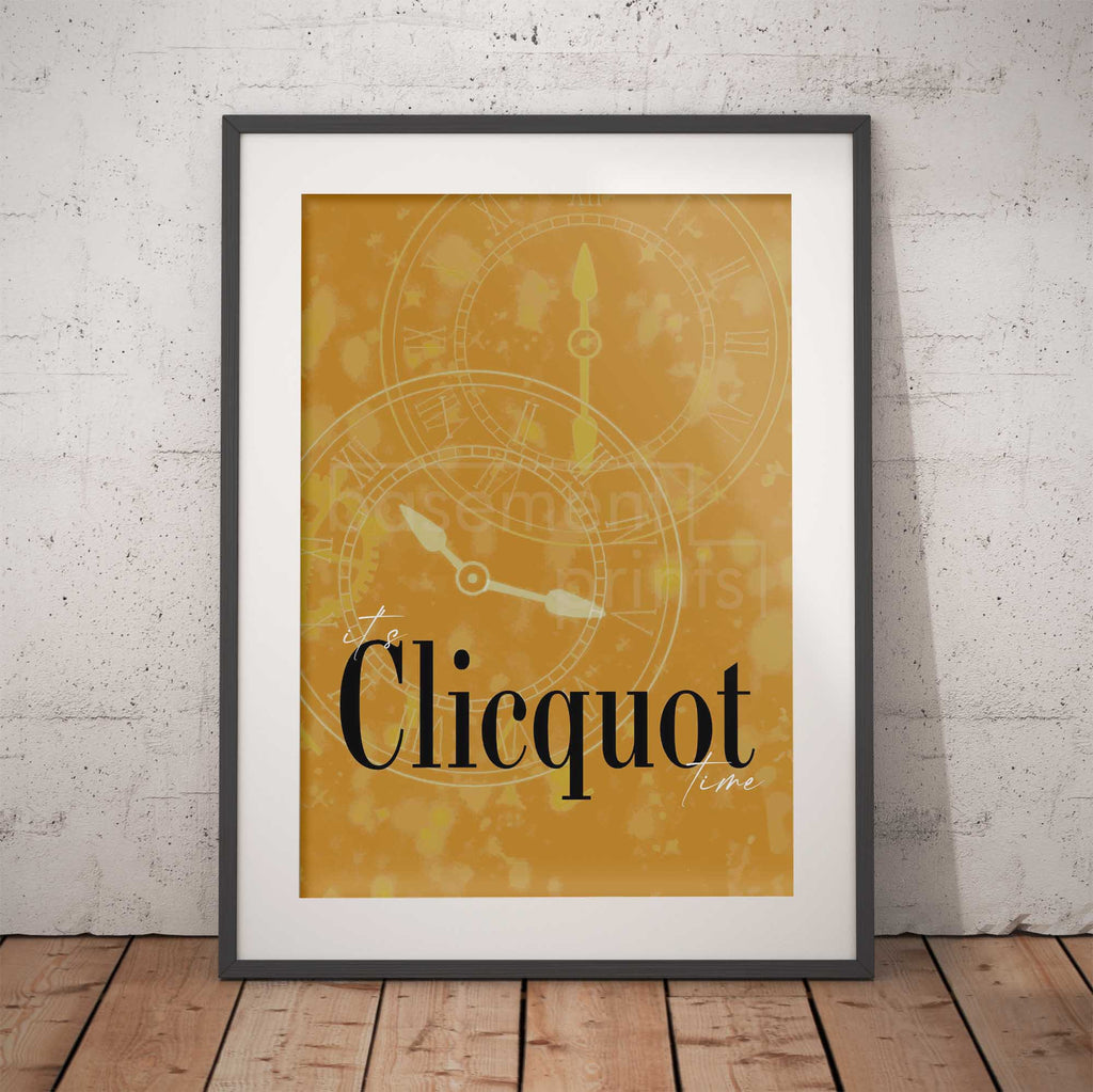Framed Clicquot poster on a brick wall background