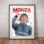 A framed art print leaning against a light gray concrete wall on a wooden floor. The print features a stylized portrait of Mercedes driver kimi Antonelli celebrating his Monza 2026 win, with 'MONZA WINNER 2026' written in bold red text at the top.
