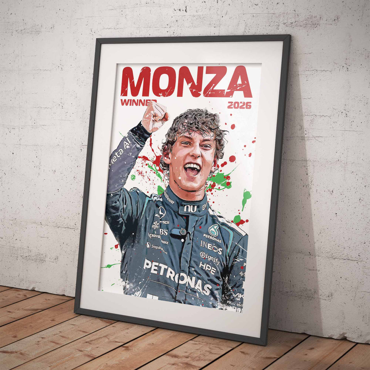 A framed art print leaning against a textured concrete wall on a wooden floor. The print features a stylized illustration of Formula 1 driver Kimi Antonelli celebrating at Monza, with 'MONZA WINNER 2026' written in bold red text at the top.
