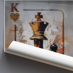 A rolled sheet of wall art  shown against a gray wall, revealing a printed design with a large gold chess king motif, abstract brushstrokes, and a stylized heart-shaped letter K.