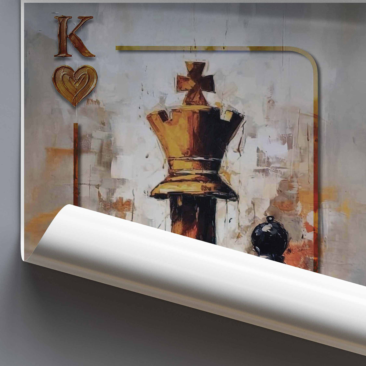 A rolled sheet of wall art  shown against a gray wall, revealing a printed design with a large gold chess king motif, abstract brushstrokes, and a stylized heart-shaped letter K.