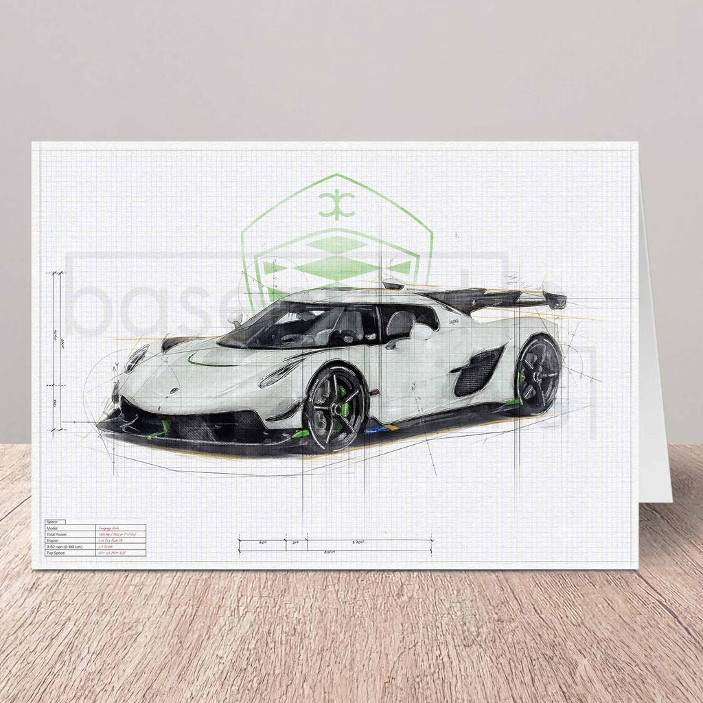 Greeting card of a Koenigsegg Jesko car design blueprint illustration on a wooden surface.