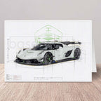 Greeting card of a Koenigsegg Jesko car design blueprint illustration on a wooden surface.