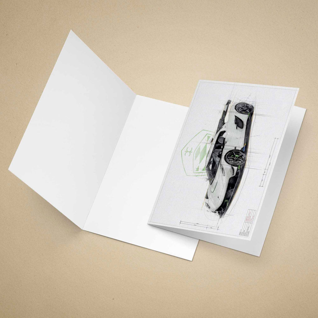Open greeting card of a Koenigsegg Jesko Supercar illustration on a beige background