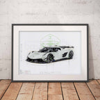 Framed poster of a Koenigsegg Jesko supercar design blueprint illustration on a white wall.