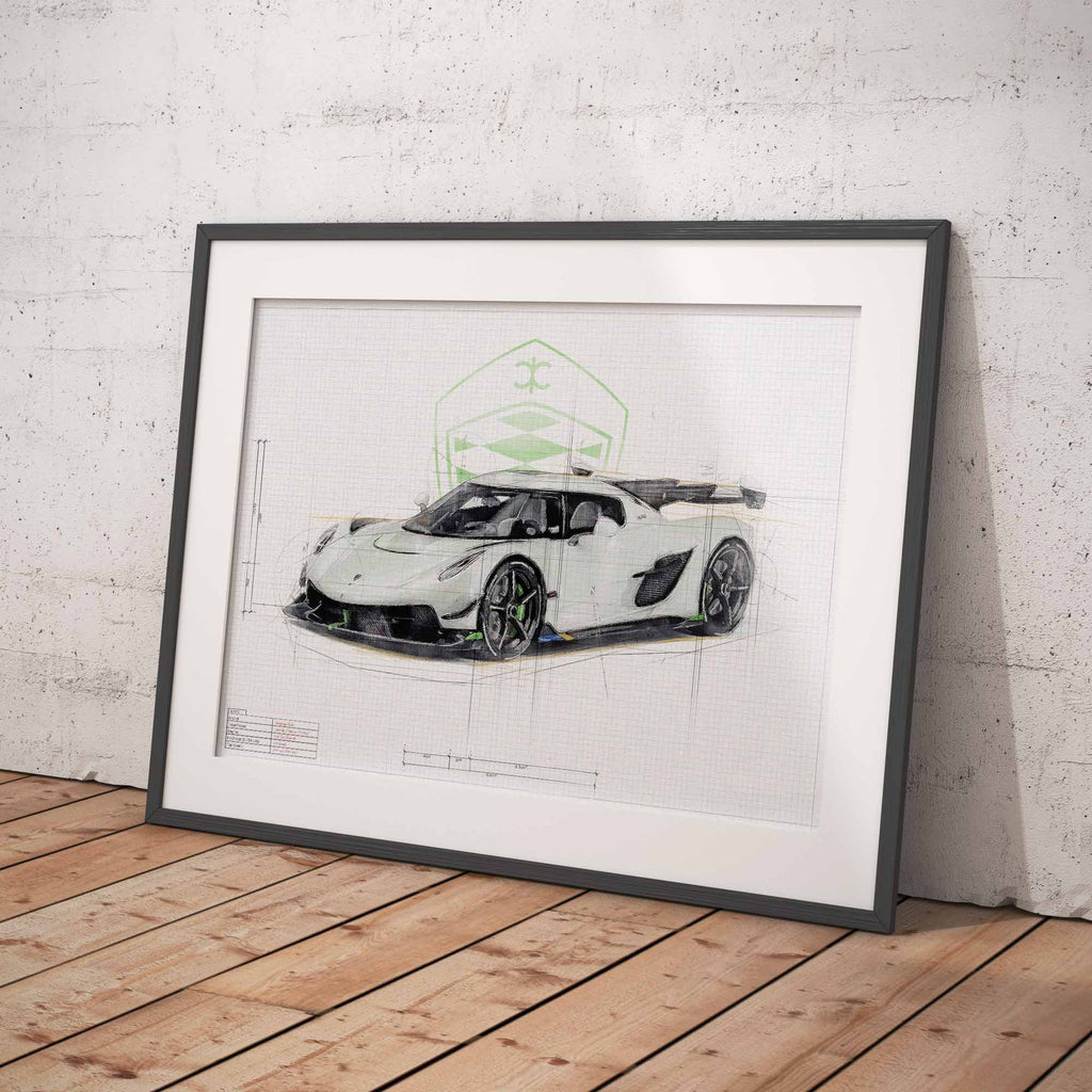 Framed Print of a Koenigsegg Jesko car design blueprint illustration on a white wall.