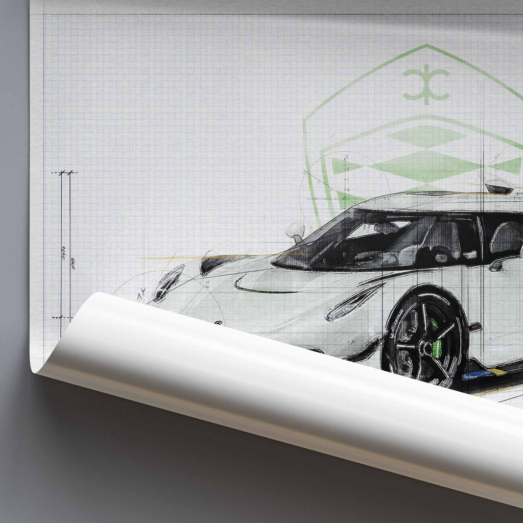 Rolled poster of a Koenigsegg Jesko car design blueprint illustration on a grey background.