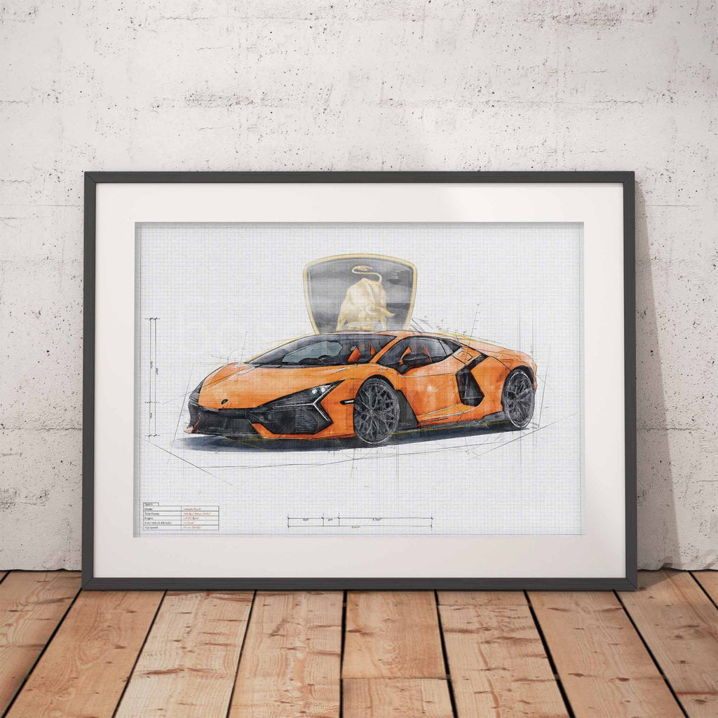 Framed artwork of an orange Lamborghini Revuelto sports car on a white background, leaning against a textured wall.