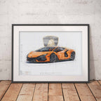 Framed artwork of an orange Lamborghini Revuelto sports car on a white background, leaning against a textured wall.