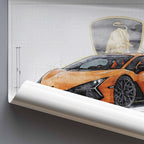 Rolled poster of an orange Lamborghini Revuelto sports car with open door on a white background
