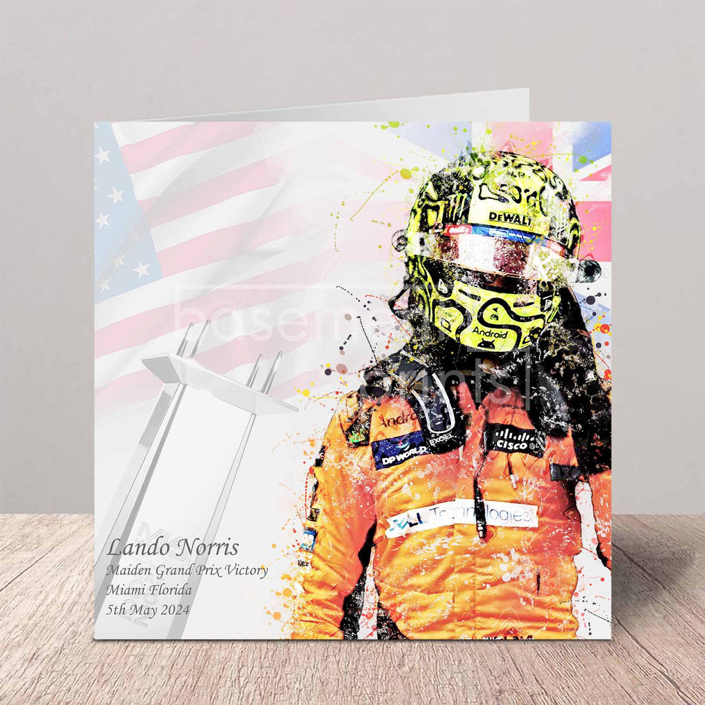 Greeting card with Lando Norris in an orange racing suit and helmet, featuring a colourful design with flags.