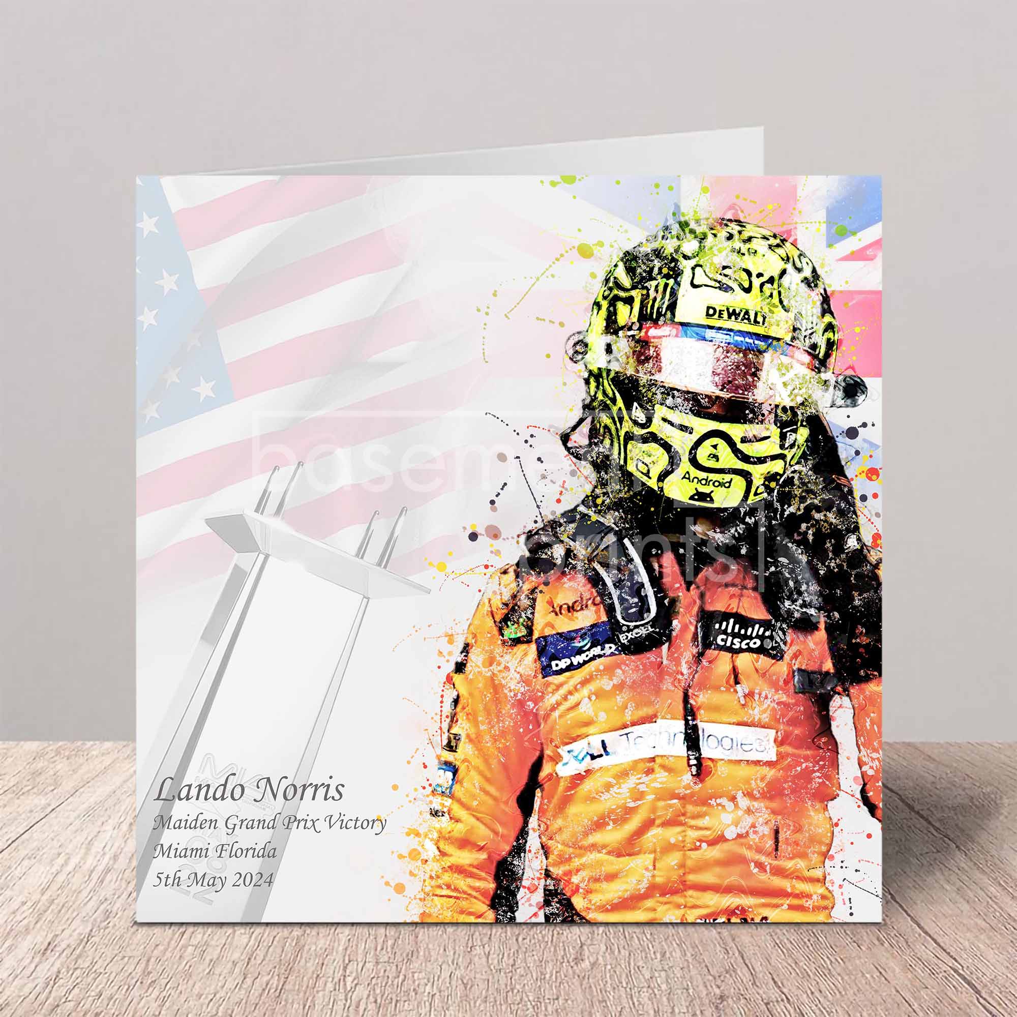 Greeting card with Lando Norris in an orange racing suit and helmet, featuring a colourful design with flags.