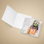 Greeting card with Lando Norris in an orange racing suit and helmet, featuring a colourful design with flags on a beige backround.