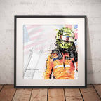 Framed artwork of  Lando Norris after his first Formula 1 Win on a white wall.