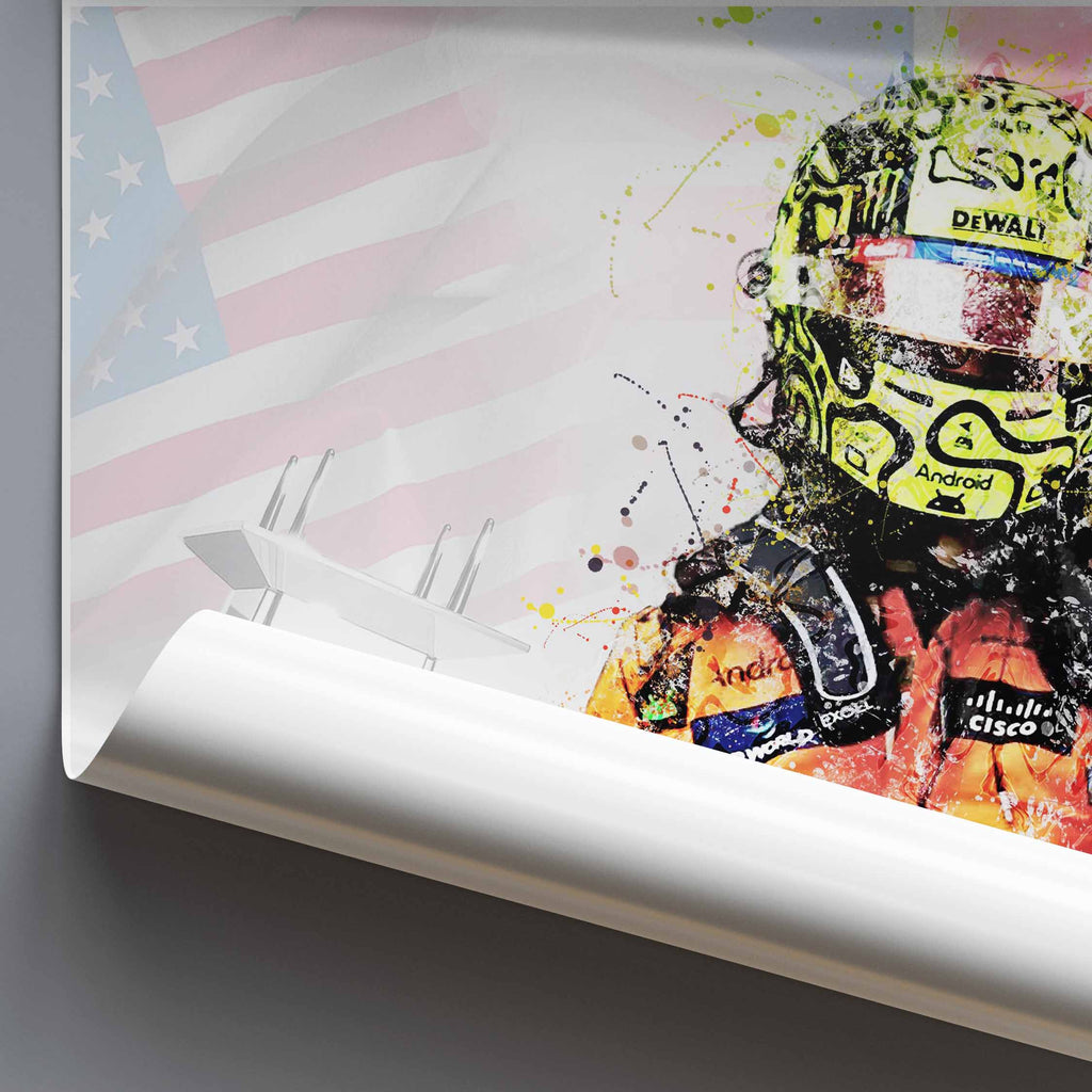 Rolled poster of Lando Norris after his first Formula 1 Win, featuring an American flag in the background.