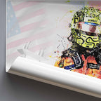 Rolled poster of Lando Norris after his first Formula 1 Win, featuring an American flag in the background.