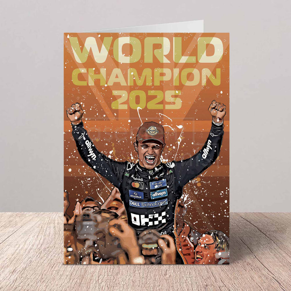 Greeting card of Lando Norris celebrating the F1 World Championship 2025 on a light background.