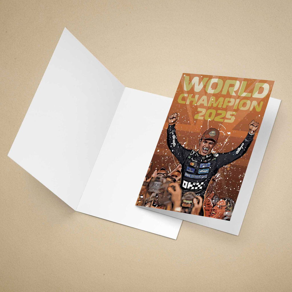 Greeting card of Lando Norris celebrating the F1 World Championship 2025 on a beige background.