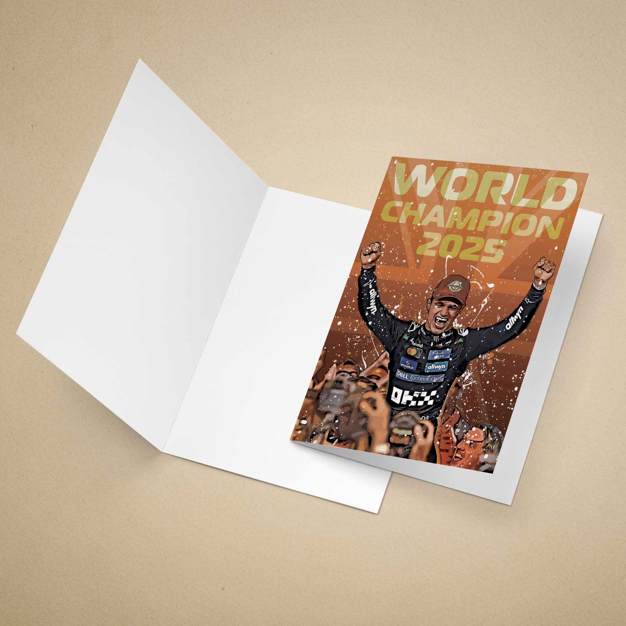 Greeting card of Lando Norris celebrating the F1 World Championship 2025 on a beige background.