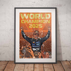 Framed artwork of Lando Norris celebrating the F1 World Championship 2025 against a white wall.