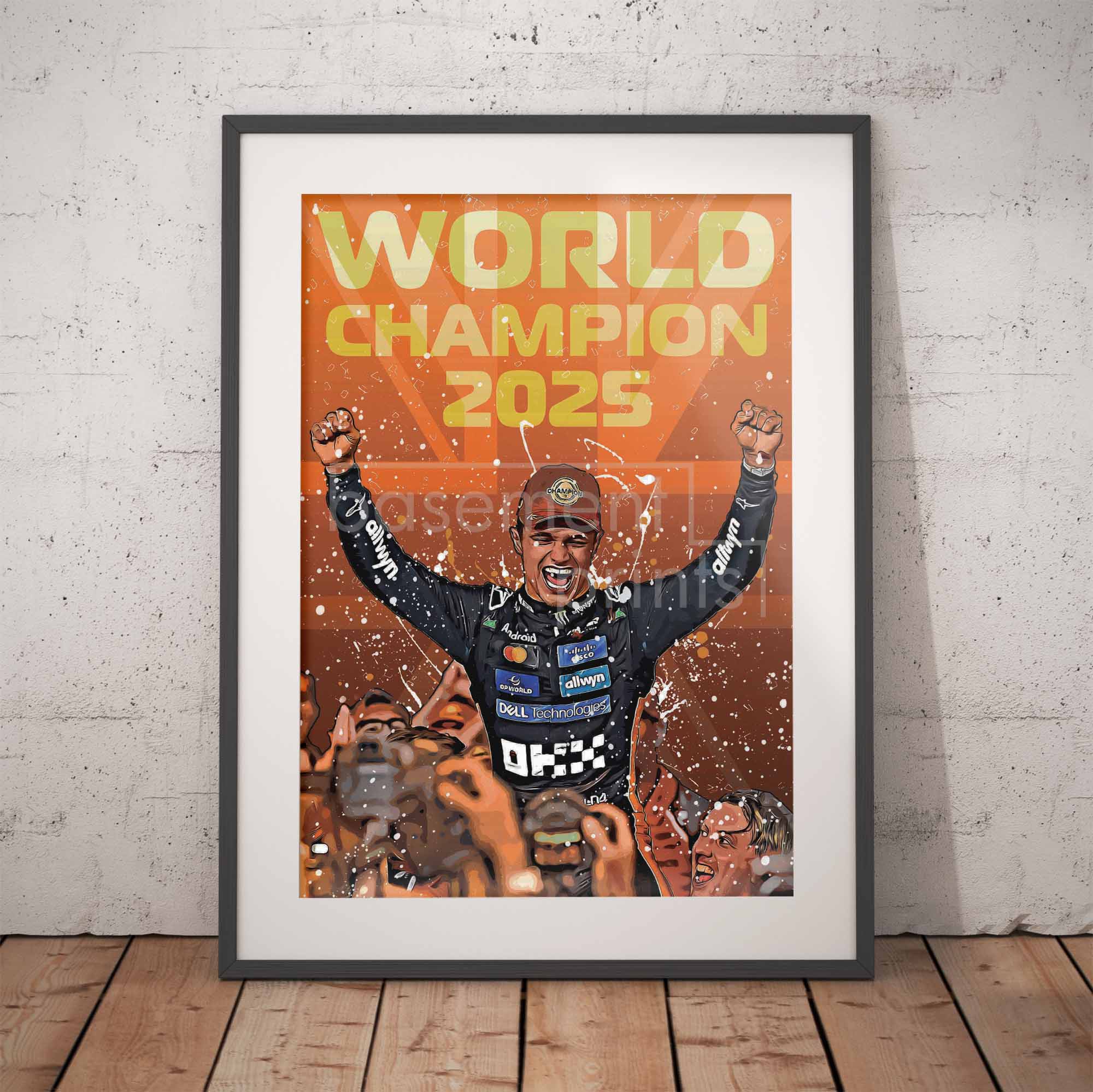 Framed artwork of Lando Norris celebrating the F1 World Championship 2025 against a white wall.