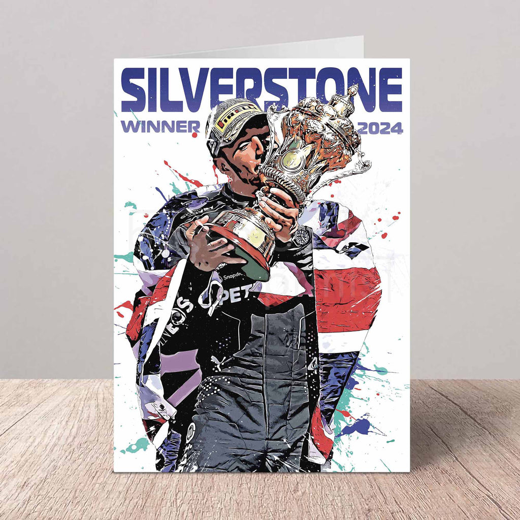 Poster of Lewis Hamilton holding a trophy with 'Silverstone Winner 2024' text on a white background.