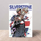 Poster of Lewis Hamilton holding a trophy with 'Silverstone Winner 2024' text on a white background.
