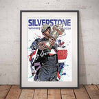 Framed poster Lewis Hamilton holding a trophy with 'Silverstone Winner 2024' text on a white brick wall.
