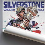 Poster for Silverstone Winner 2024 with Lewis Hamilton holding a trophy against a colourful background.