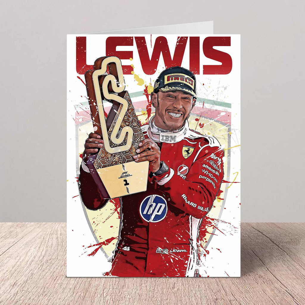 Greeting card of Formula 1 driver Lewis Hamilton holding a trophy on a white background.