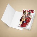 Greeting card of Formula 1 driver Lewis Hamilton holding a trophy on a beige background.