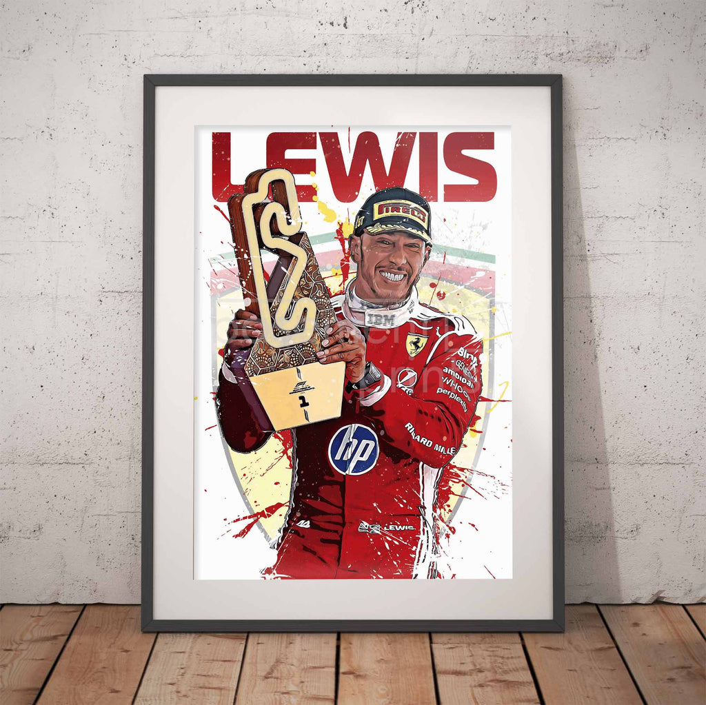 Framed poster of Formula 1 driver Lewis Hamilton holding a trophy leaning against a wooden floor.