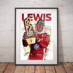 Framed poster of Formula 1 driver Lewis Hamilton holding a trophy leaning against a wooden floor.