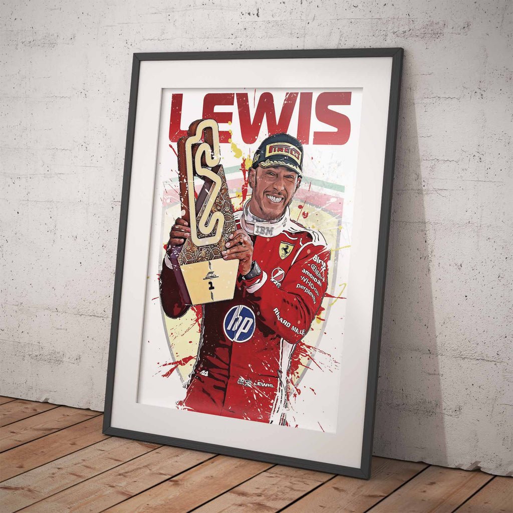 Framed poster of Formula 1 driver Lewis Hamilton holding a trophy against a white brick wall.