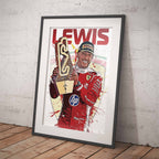 Framed poster of Formula 1 driver Lewis Hamilton holding a trophy against a white brick wall.