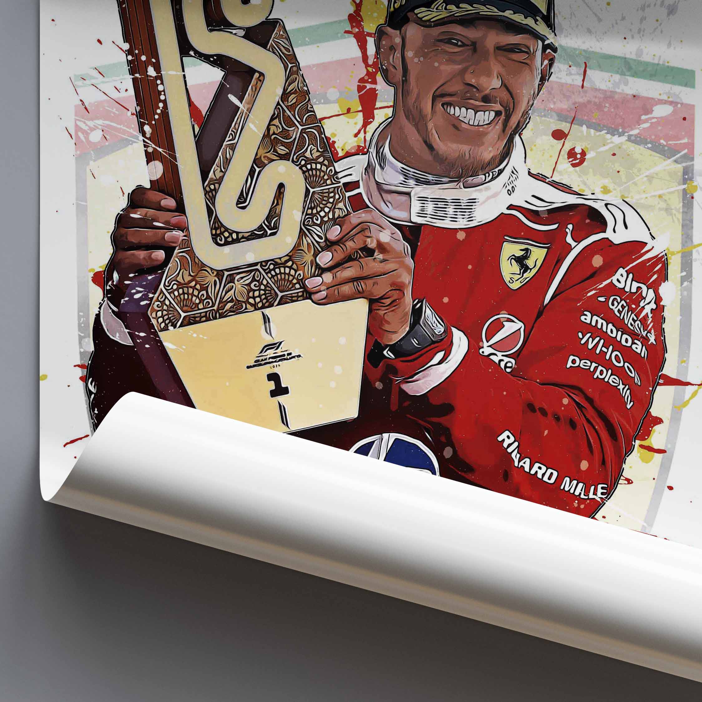 Rolled poster of Formula 1 driver Lewis Hamilton holding a trophy on a grey background.
