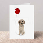 Greeting card with a light brown Cockapoo holding a red balloon on a white background