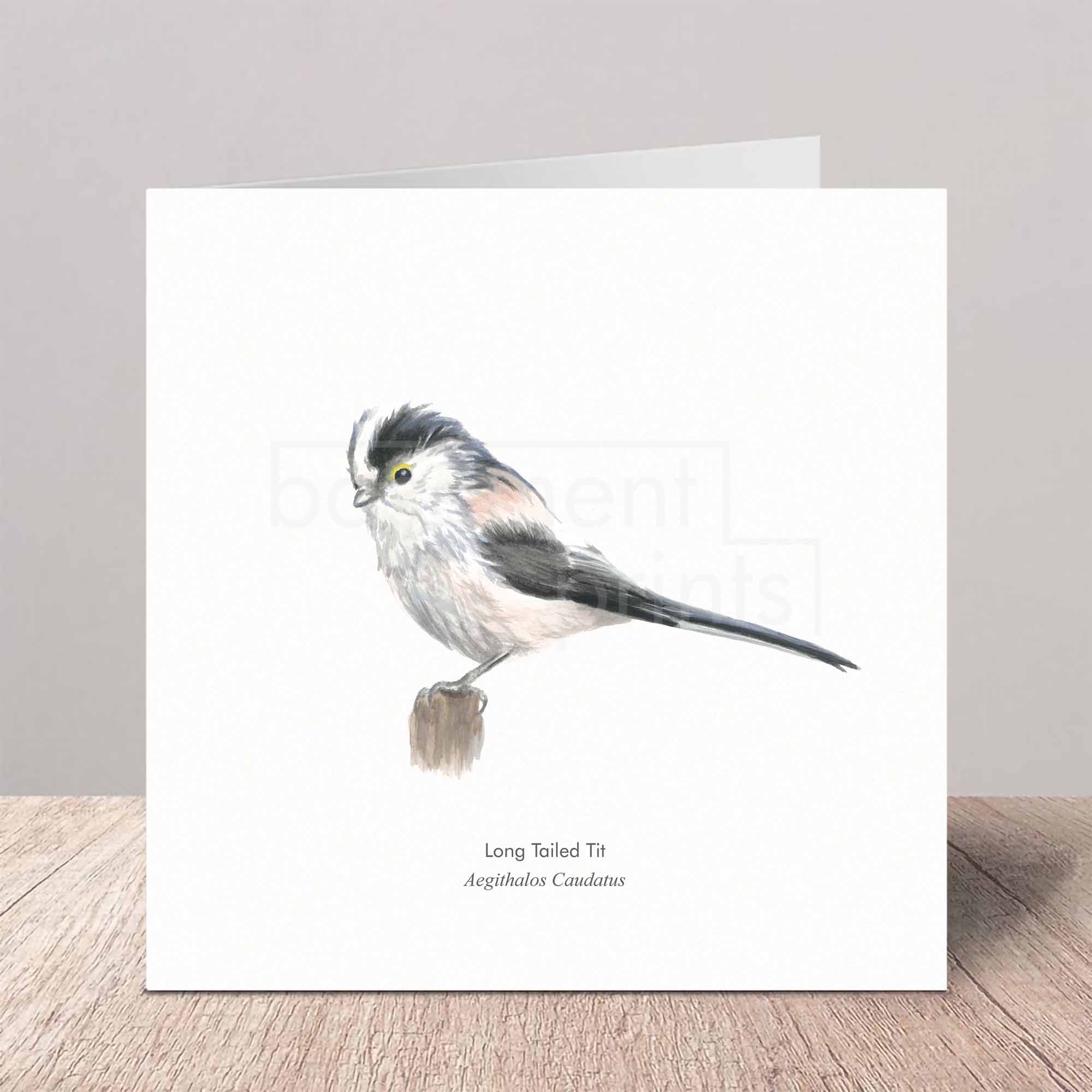 Greeting card with a long-tailed tit illustration on a white background